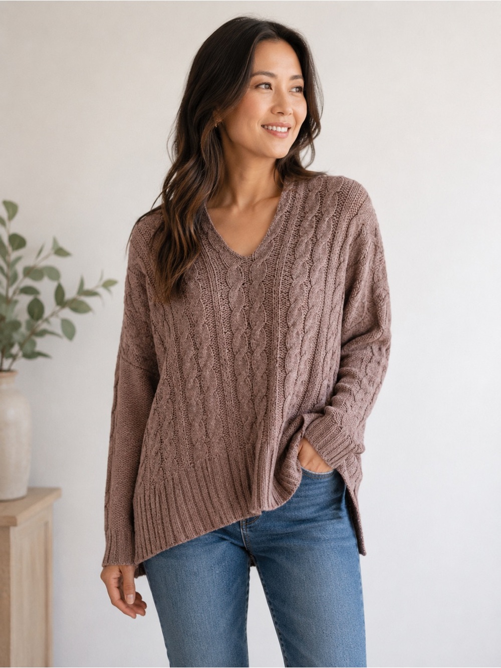 Free People oversize Cable Knit V-Neck Sweater in Taupe S